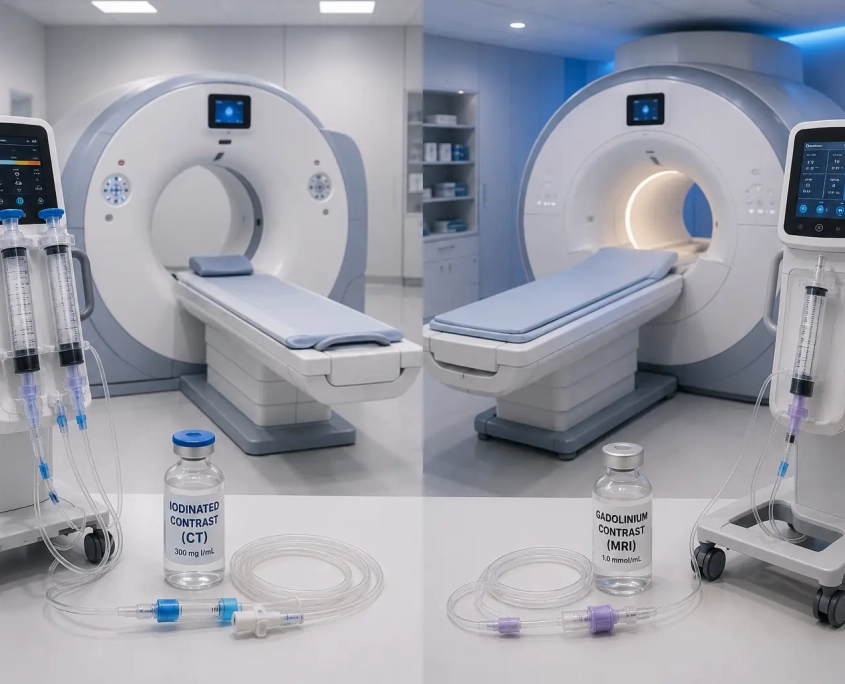 CT and MRI imaging suite comparison مقایسه دستگاه CT و MRI و سیستم تزریق ماده حاجب